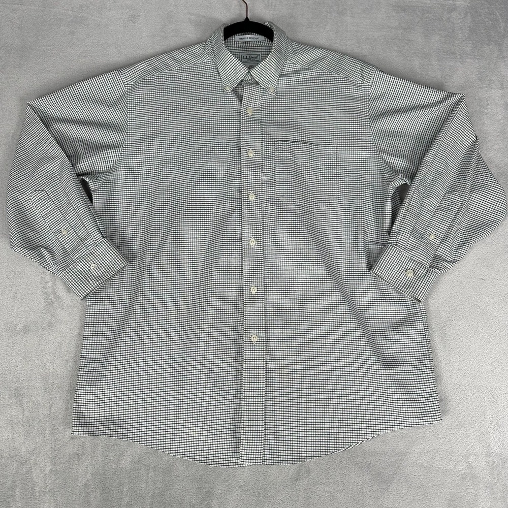 LL Bean Mens 16.5-32 Green White Tattersall Check Wrinkle Resistant Shirt Oxford